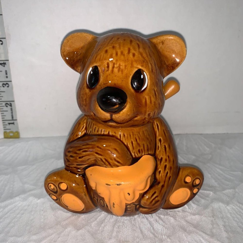 Tiny Bear honey pot w/wand vintage brown made in